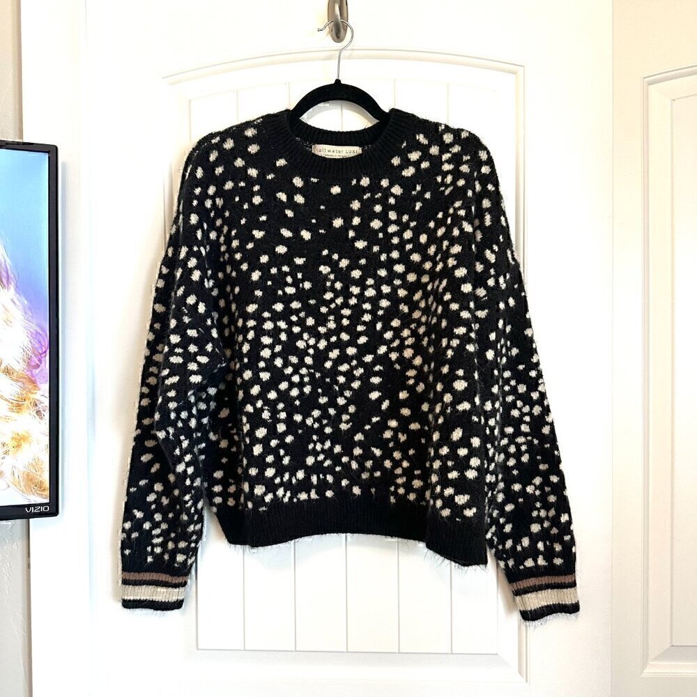 Saltwater LUXE cozy nubby warm crew neck polka dot black sweater women's large